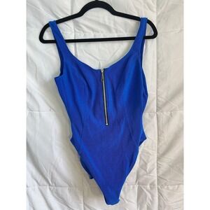 Coral Key Royal Blue Ribbed Zip Front One Piece Swimsuit Women's Size 14